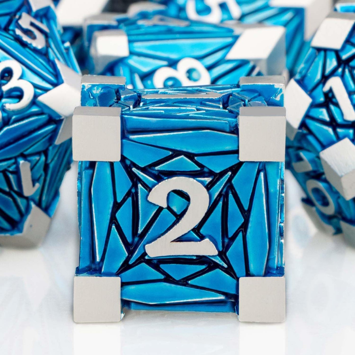7PCS Metal DND Dice Set with Box, Debris RPG Blue White D and D Dice for D&D Tabletop Games Role Playing Game Polyhedral Dice Set D20 D12 D10 D8 D6 D4