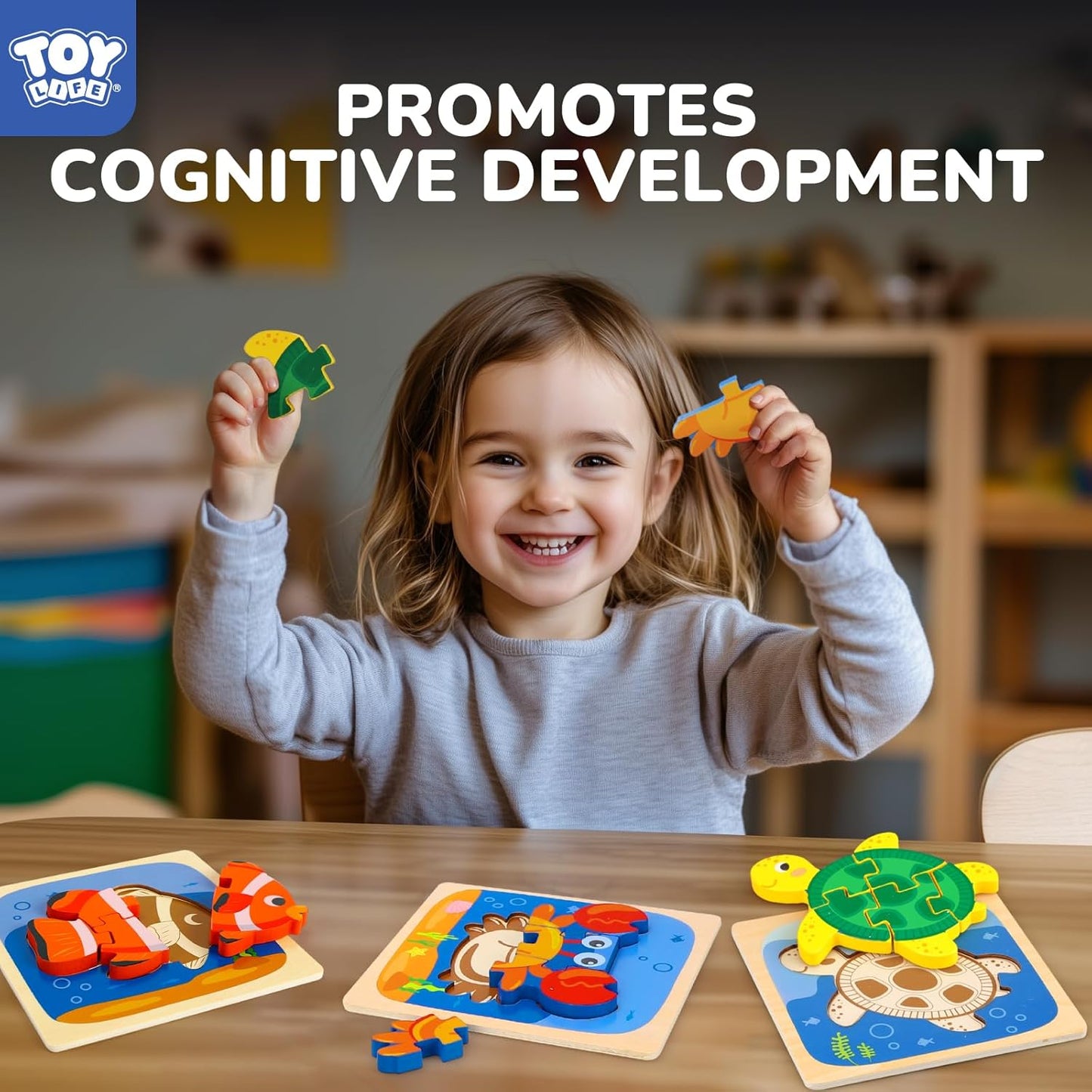 TOY Life Wooden Puzzles for Toddlers 2-4, Sea Animals Puzzles for Toddlers 1-3, Wood Puzzles Educational Montessori Toys Gifts for 1 2 3 Year Old, Baby Kids Learning Toy