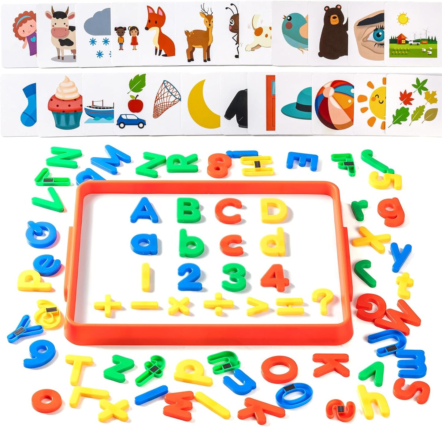 Magnetic Tray with 95 Magnetic Letters & 36 Alphabet Flash Cards – Kids Dry Erase Board, Magnetic Board for Kids & Classroom Learning Tool (Cyan)