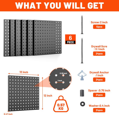 ValueMax 6 Pack Metal Pegboard Panels, 12”x 12” Heavy Duty Metal Pegboard Wall Organizer for Home, Garage, Workbench, Kitchen, Craft Room Tool Storage, Black Modular Peg Board Organizer Board
