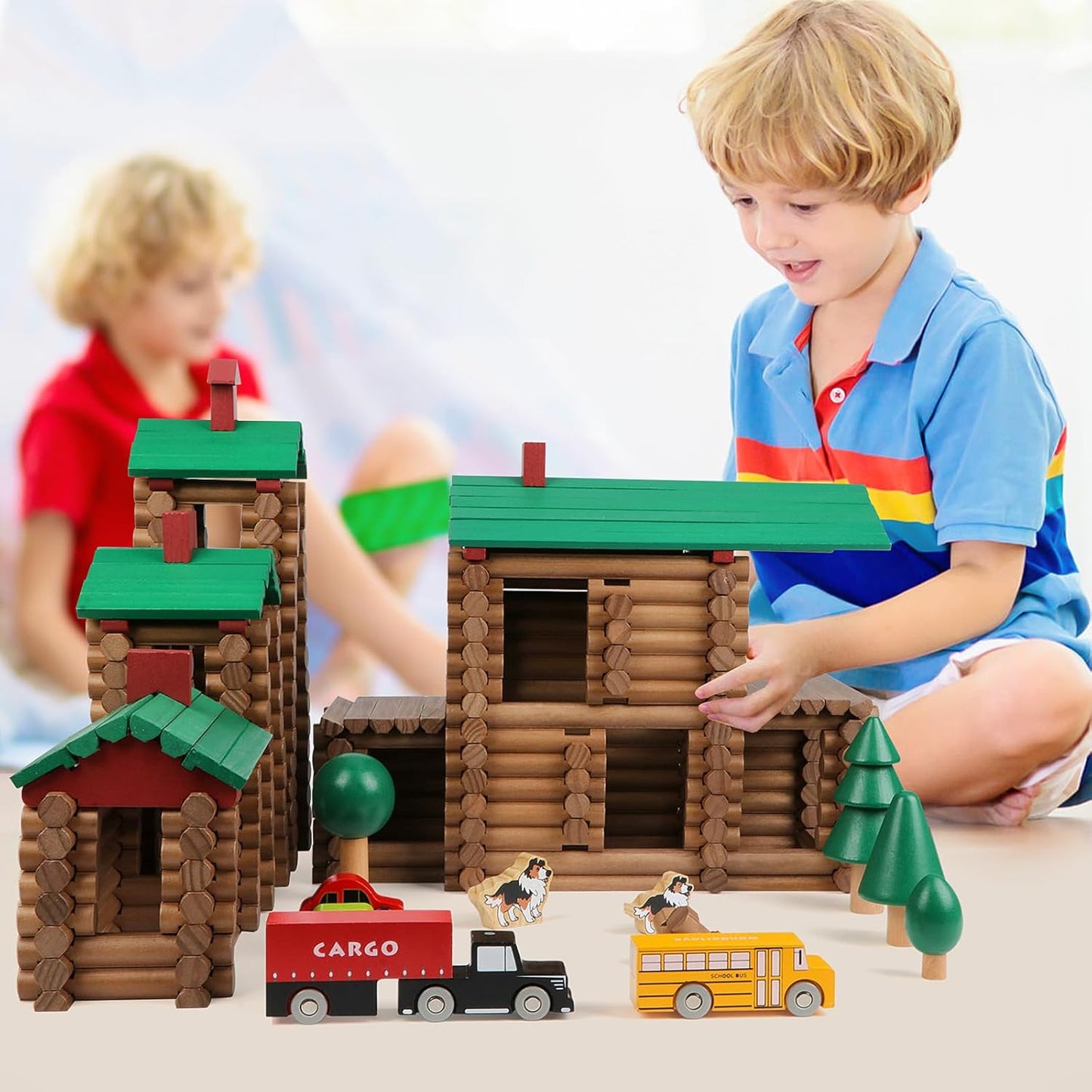 Wondertoys 208 Pcs Wooden Log Set - Classic Building Logs Ages 3+ - Best Retro Building Gift Set for Boys - Creative Construction Engineering Educational Gifts
