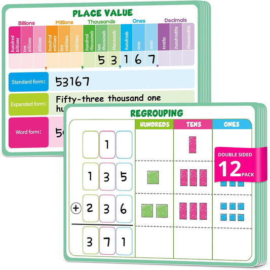 12 Packs Place Value Chart Math Manipulatives 1st 2nd 3rd, Math Games for Kids Addition and Subtraction Flash Cards, Classroom Must Haves Homeschool Supplies White Board Dry Erase Sheets