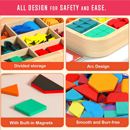 248 Pcs Wooden Magnetic Pattern Block Set with Cards, Pen & Storage Bag, Montessori STEM Tangram Puzzle Toys for Toddlers 4 5 6 7 8, Educational Brain Teaser Gift for Boys Girls
