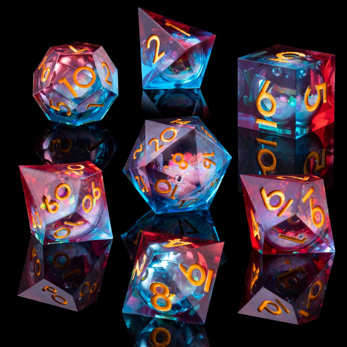 Liquid Core DND Dice Set, 7pcs Sharp Edge Dice for Role Playing Dungeons and Dragons Ttrpg with Gift Box, Handmade Resin D&D Dice RPG Role Playing Games Dice Set(Blue Gold)