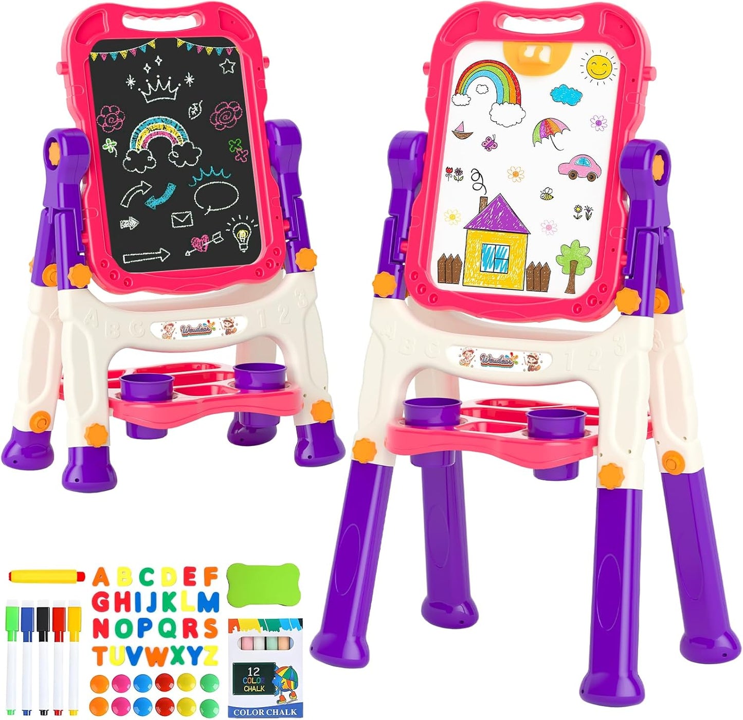 Chalk Board Easel for Kids Toys,Double-Sided Magnetic Kids Chalkboard and Dry Erase Boards,Toddler Toys for 3 Year Old Boy Gift,Art Easel Learning Educational Toy for 3 4 5 Years Old Boys Gift
