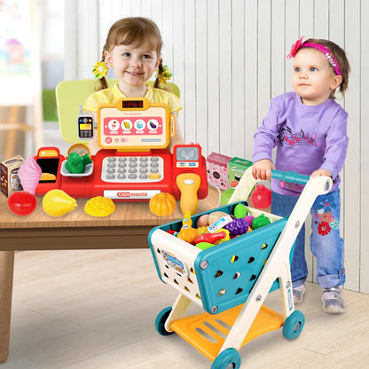 Yalujumb Kids Shopping Cart Trolley Play Set and Pretend Play Calculator Cash Register Toy with Pretend Food and Accessories,Perfect for Ages 3+ Pretend Play and Role-Playing Games