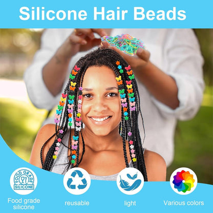 Waldeinsamkeit 200 Silicone Hair Beads Set 5mm Butterfly Star Hair Bead 10 Colors for Girls Braids 2 Plastic Quick Beaders 100 Elastic Rubber Bands Soft Micro Silicone Hair Beads for Braids