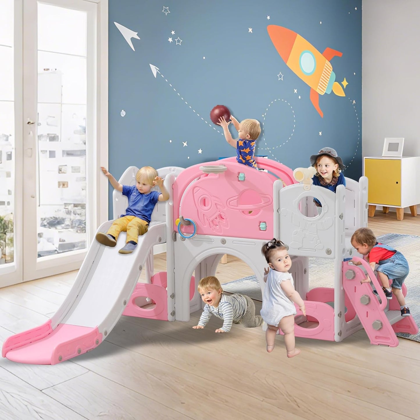 11in 1 Toddler Slide, Kid Slide for Toddlers Age 1-3 with Telescope, Basketball Hoop, and Telescope, Indoor Outdoor Playset Playground Blue Grey