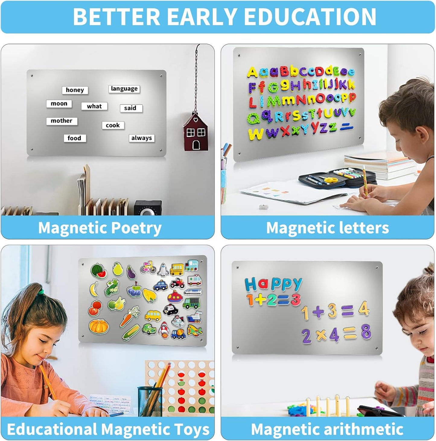 17.7" x 11.8" Black Metal Magnetic Board - Magnet Bulletin Board to Display Magnetic Letters Numbers Animal, Poetry, Spice Jars, Notes, Photos, Suitable for Wall, Refrigerator, Cubicle, Cabinet