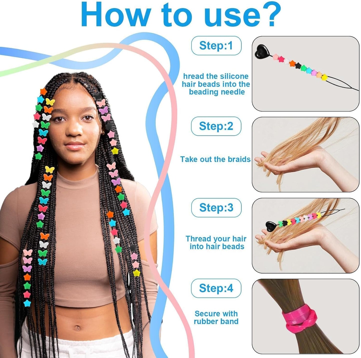Waldeinsamkeit 200 Silicone Hair Beads Set 5mm Butterfly Star Hair Bead 10 Colors for Girls Braids 2 Plastic Quick Beaders 100 Elastic Rubber Bands Soft Micro Silicone Hair Beads for Braids