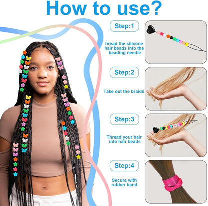 Waldeinsamkeit 200 Silicone Hair Beads Set 5mm Butterfly Star Hair Bead 10 Colors for Girls Braids 2 Plastic Quick Beaders 100 Elastic Rubber Bands Soft Micro Silicone Hair Beads for Braids