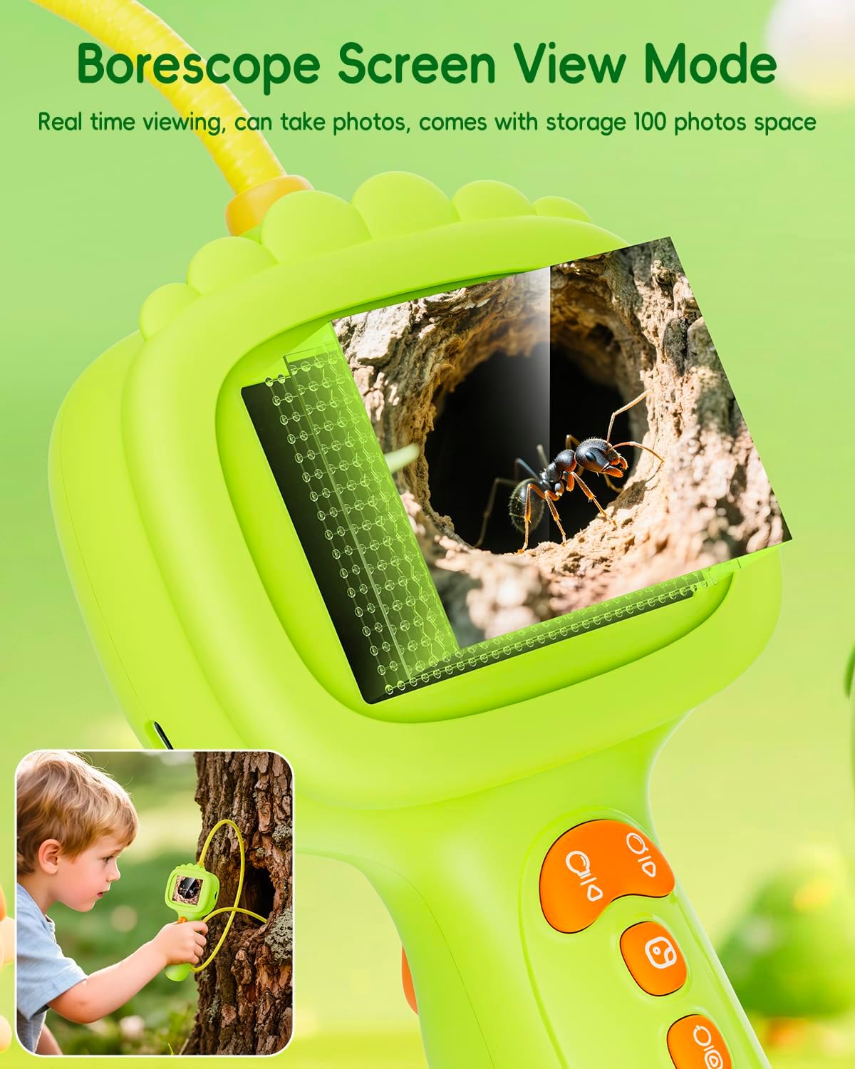 Borescope Camera with Light for Kids, Ashfly STEM Science Educational Toy for 3 4 5 6 7 8 Years Old Boys & Girls, 2.4" Screen Snake Scope Camera for Birthday Outdoor Camping Nature Exploration-Green