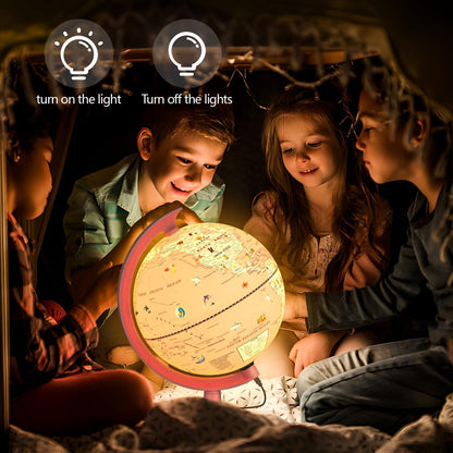 Globe for Kids Illuminated Globes of the World with Stand & Animals Illustrations Earth World Globe Night Light for Kids' Room Decor Classroom Educational Tool Birthday Gift, Dia 8-inch