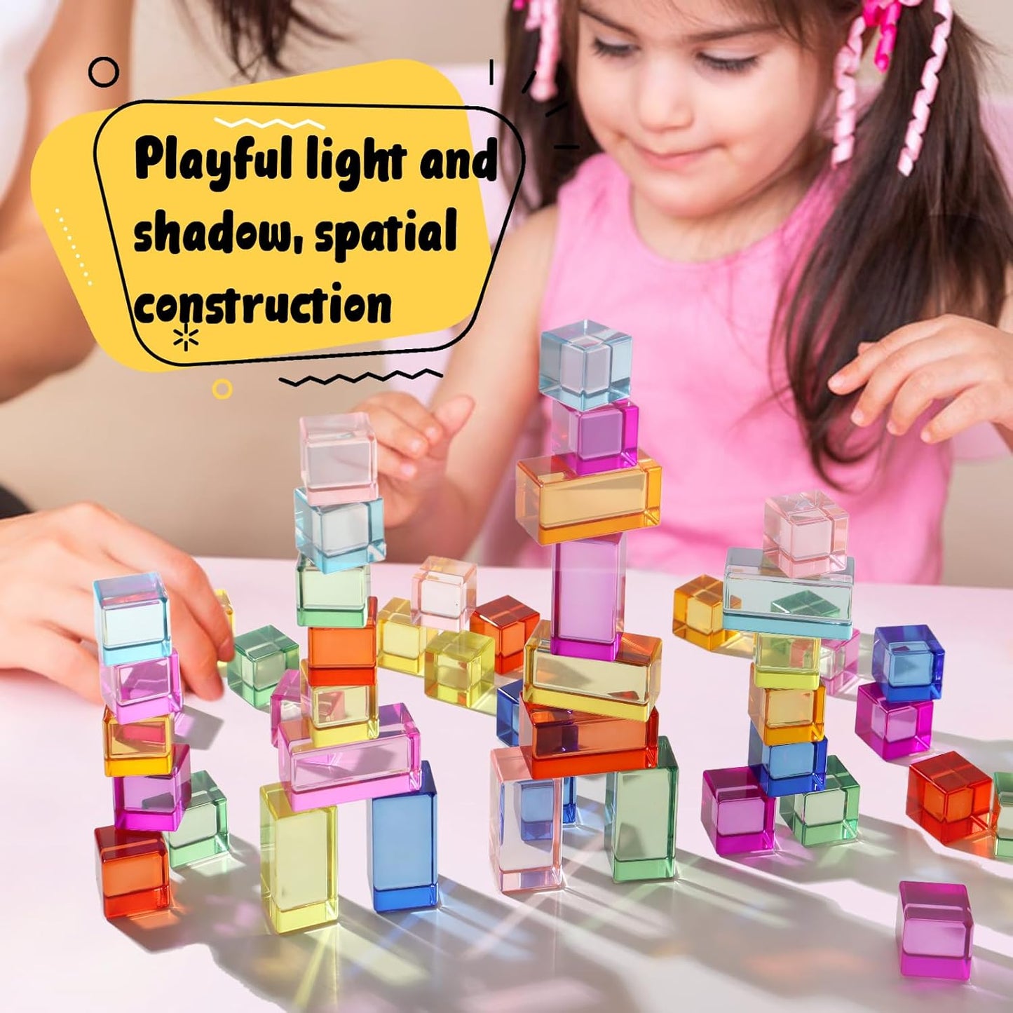 30 Pcs Mixed Acrylic Blocks Set - 10 Long (2.5x2.5x5CM) + 20 Cube (2.5x2.5x2.5CM) Rainbow Gem Blocks, Sensory Stacking Toy for 1 2 3 4 Years Old, Boys Girls Gift with Rich Building Possibilities