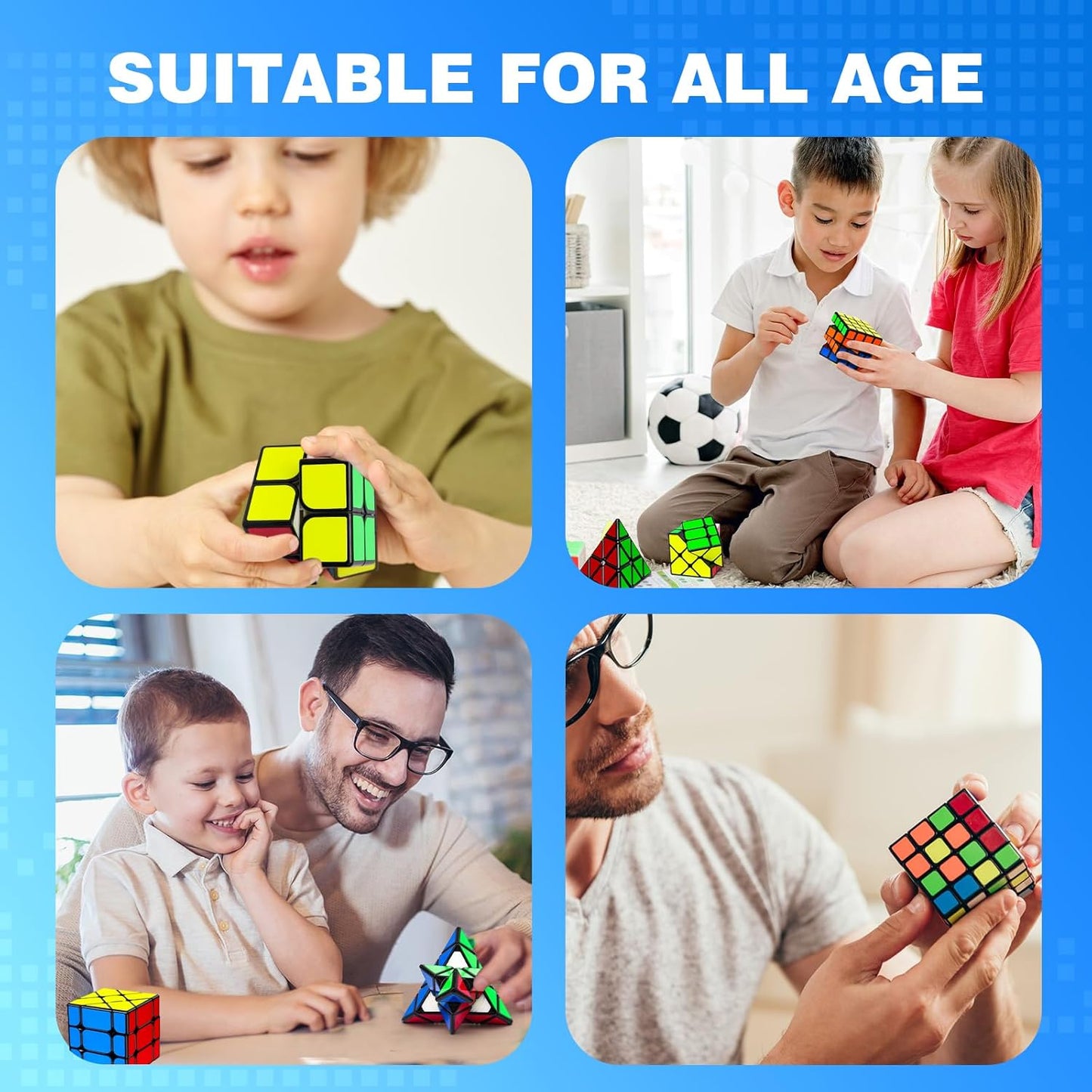 AuntyFey 5 Pack Magic Speed Cube Set - 2x2, 3x3, 4x4, Triangle Megaminx Speed Cubes for Kids & Adults