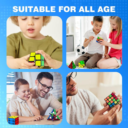 AuntyFey 5 Pack Magic Speed Cube Set - 2x2, 3x3, 4x4, Triangle Megaminx Speed Cubes for Kids & Adults