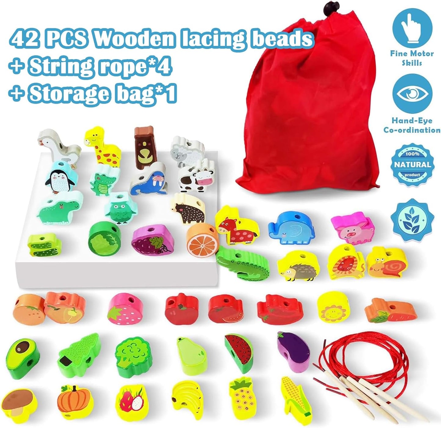 46 PCS Wooden Lacing Beads,Animals Fruits Threading Toys for Toddlers,Preschool Learning Lacing Toys,Montessori Educational Stringing Threading Beads Toys for Kids 3 4 5 6 Year Old Boys Girls