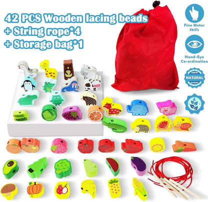 46 PCS Wooden Lacing Beads,Animals Fruits Threading Toys for Toddlers,Preschool Learning Lacing Toys,Montessori Educational Stringing Threading Beads Toys for Kids 3 4 5 6 Year Old Boys Girls