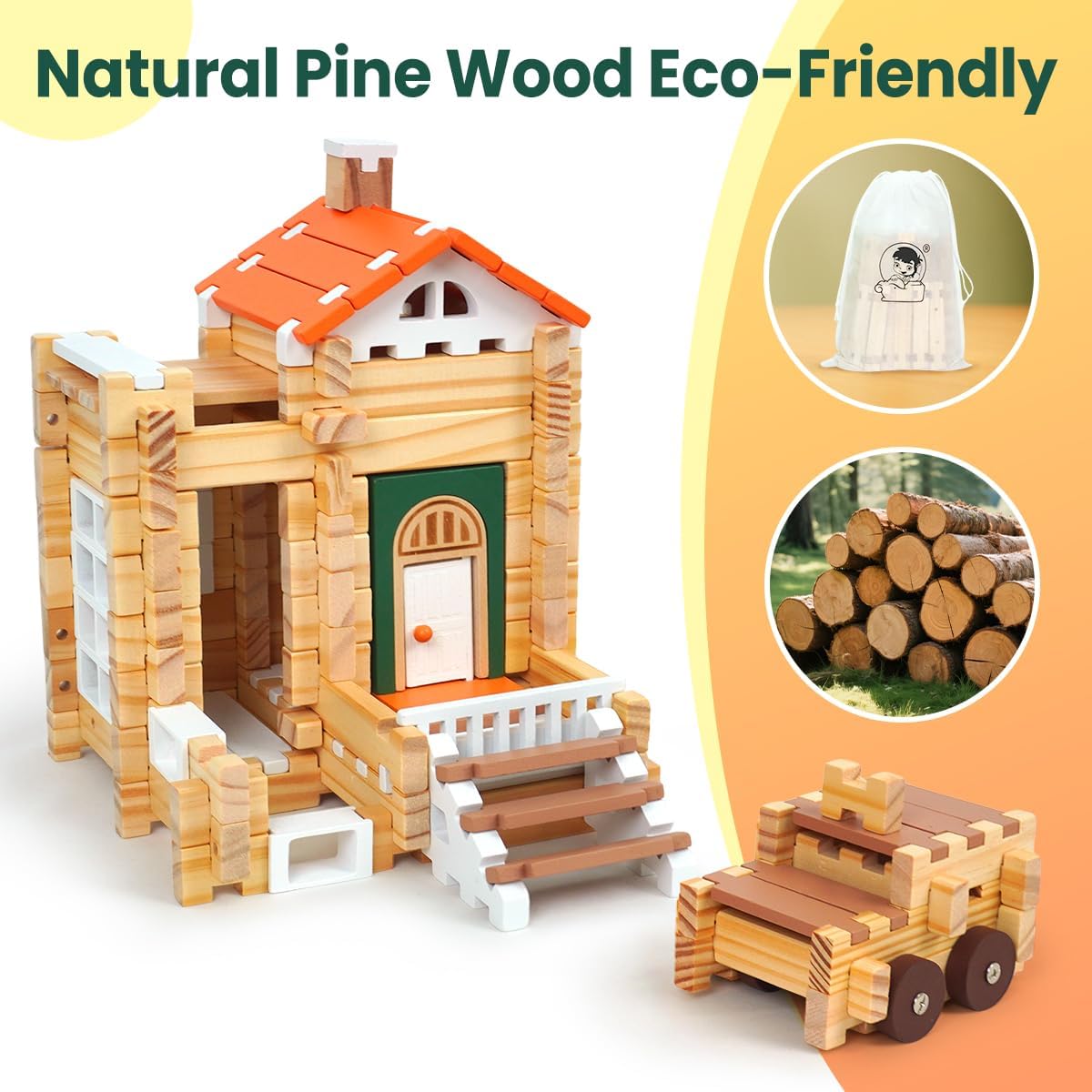 Jovi-mindly＆Notchies 96 PCS Wooden Blocks Wooden Toys with Storage Bag, Preschool Learning Toys Wood Blocks Building for Kids Ages 4-8 Creative Construction Game,FSC Certified,Birthday Toys Gifts