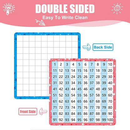 10 Pack Dry Erase Math Hundred Board Card Laminated Double Sided Number 1-100 Chart Easy to Write Consecutive Number Counting Chart for Students Math Manipulatives