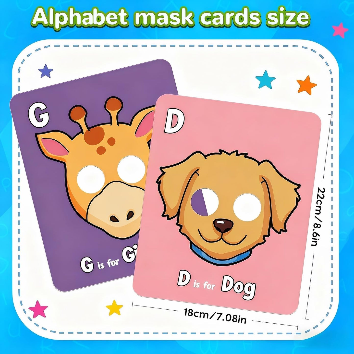 Alphabet ABC Flash Cards with Animal Masks, 26 Giant Animal mask Alphabet Cards, nteractive Education Games, Uppercase & Lowercase Learning Games，Colorful Mask Flashcards