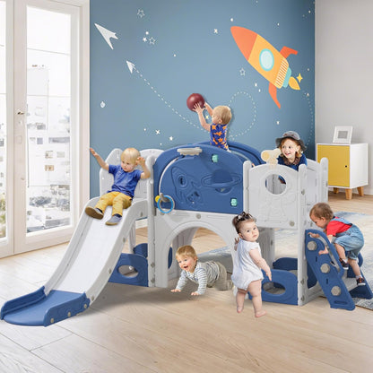 11in 1 Toddler Slide, Kid Slide for Toddlers Age 1-3 with Telescope, Basketball Hoop, and Telescope, Indoor Outdoor Playset Playground Blue Grey
