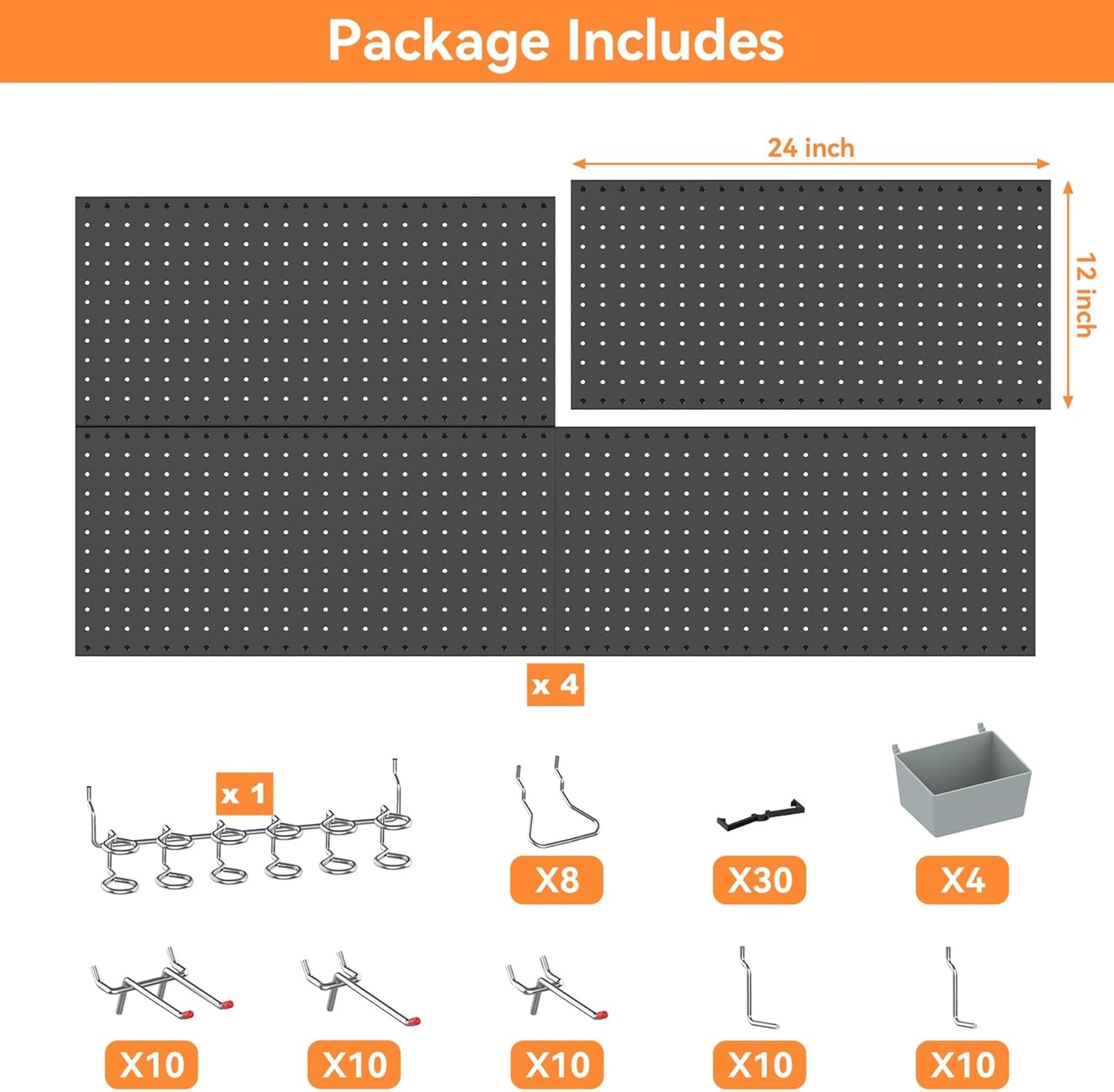 WALMANN Metal Pegboard Kit with Accessories for Wall, Garage Tools Storage Pegboard System for Garage, Workbench, Modular Peg Board Tool Organizer Board with Hooks(Black)