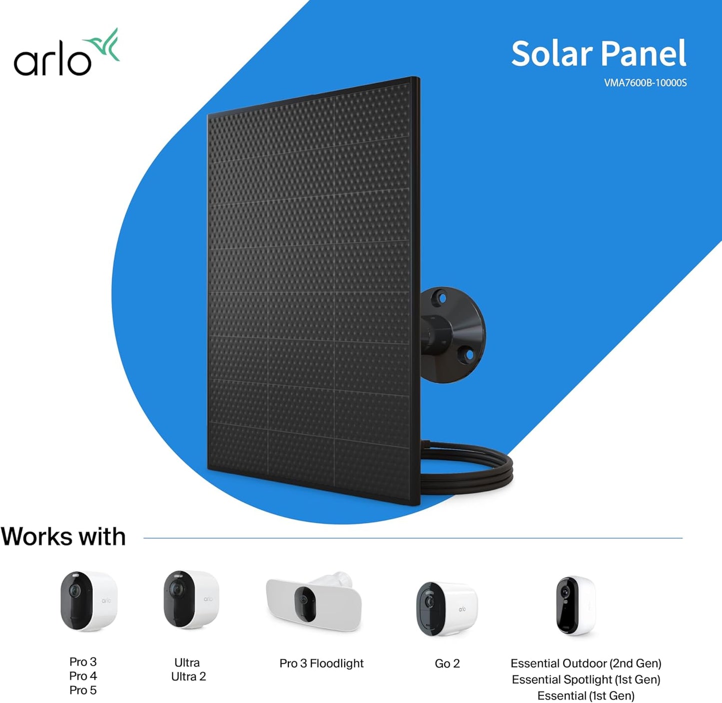 Arlo Solar Panel Charger (White), Arlo Certified Accessory, Weather Resistant, Easy Install (2025 Released), Works with: Essential Series, Go 2, Pro 3/4/5S/6/6 XL, Ultra Series, Wireless Floodlights