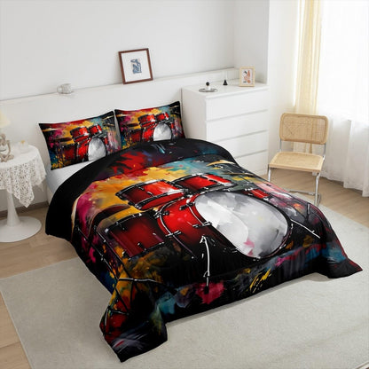 Erosebridal Drum Kit 3D Print Kids Comforter Sets Rock Music Themed Full Bedding Set for Boys Girls Musical Pattern Comforter Set,Colorful Retro Style Quilt Duvet 3 Pcs