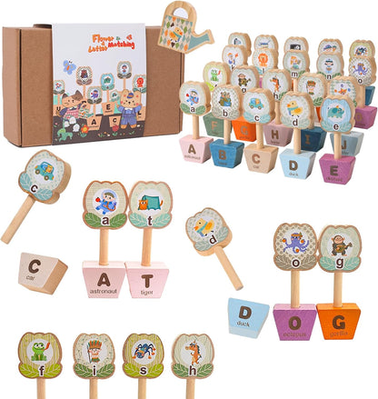 Montessori ABC Learning Toys for Kids, Wooden Matching Games for Toddlers 3-5 - Letter & Flower Matching Alphabet Puzzles with Storage Bag, Fine Motor Skills Toys Gift for Girls Boys 3+ Years Old