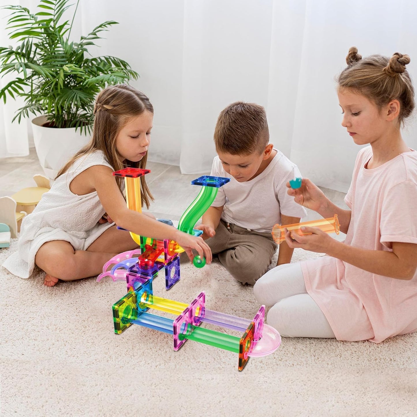 PicassoTiles 70pc Marble Run Magnetic Tiles STEM Set for Kids Ages 3 and Older Magnet Tile Marbles Maze Building Blocks Brain Development Toy Preschool Educational Learning Construction Playset PTG70
