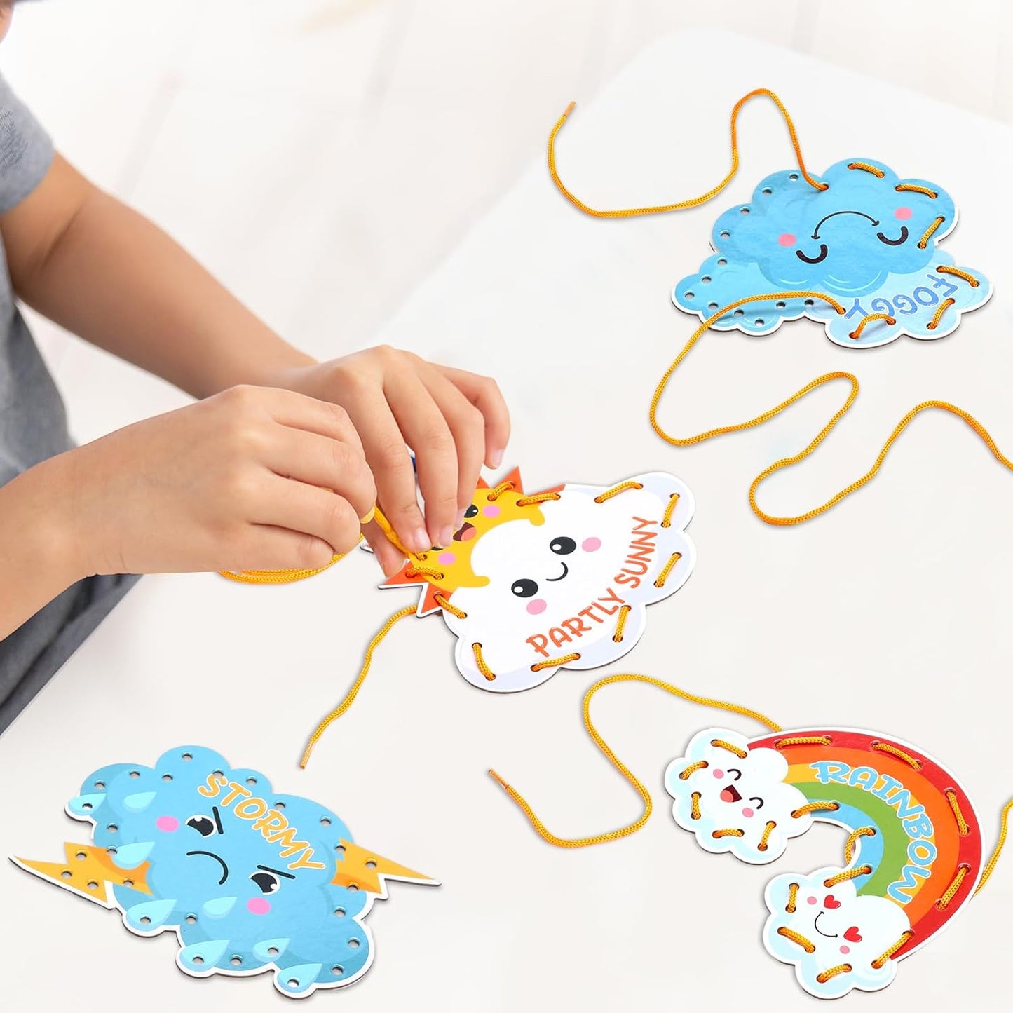 Funrous 10 Pieces Kids Recognition Lacing Cards Thick Cardboard Educational Sewing Cards Double Sided Lacing Playing Games for Children Toddler Preschool Developing Imagination Supplies (Shape)