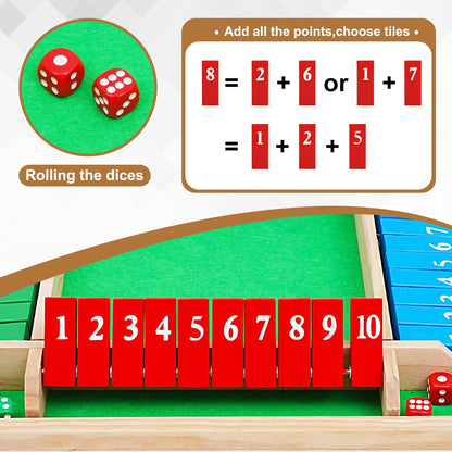 1-4 Players Shut The Box Dice Game, 10 Numbers Traditional Wooden Pub Bar Board Family Table Mat Game Dice for Adults