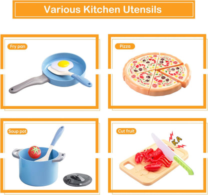 130Pcs Kitchen Playset, Toddler Pretend Cooking Play Pots, Pans, Utensils Cookware, Daily Food Fruit Veges, Shopping Storage Basket, Dessert, Prop Money, Learning Gift for Child (Pink)