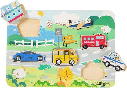 LEFT2RIGHT Wooden Puzzle for Toddlers 1-3 | Montessori Puzzle for 2 Year Old | Best Educational Puzzle for Motor Skills & Sensory Learning | Wooden Peg Puzzles for Toddlers 1-3 Transportation Edition