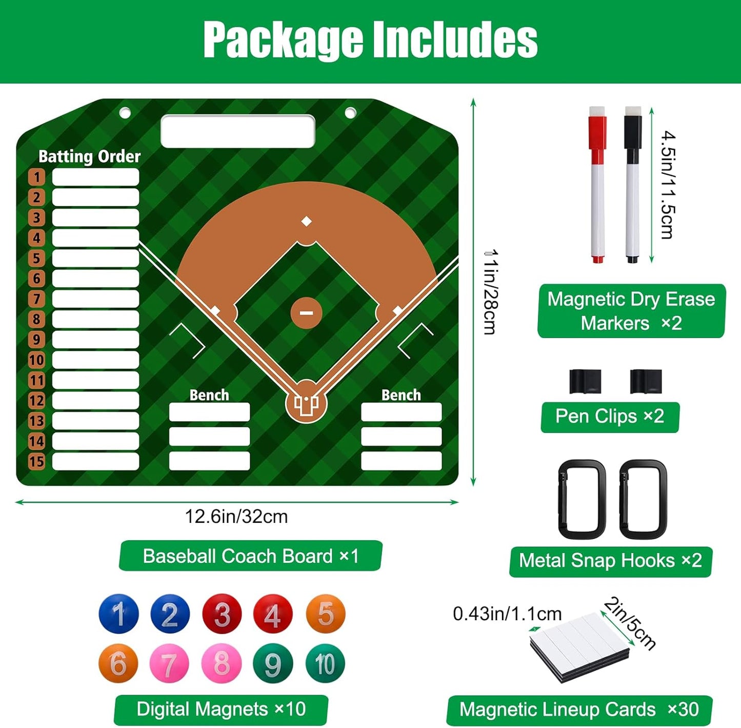 Baseball Coach Clipboard, Anglecai Double-Sided Dry Erase Baseball Lineup Board for Softball Dugout Board Baseball Coaching Board with 30 Lineup Card/ 10 Magnet/2 Marker/2 Hook (Green)