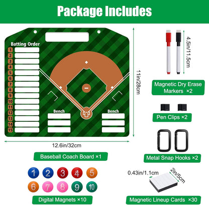 Baseball Coach Clipboard, Anglecai Double-Sided Dry Erase Baseball Lineup Board for Softball Dugout Board Baseball Coaching Board with 30 Lineup Card/ 10 Magnet/2 Marker/2 Hook (Green)