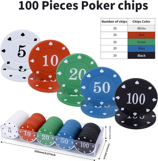 100PC Poker Chips - Plastic Learning Counters Chips with Acrylic Storage Case for Texas Hold'em Blackjack, Math Games & Counting Activities