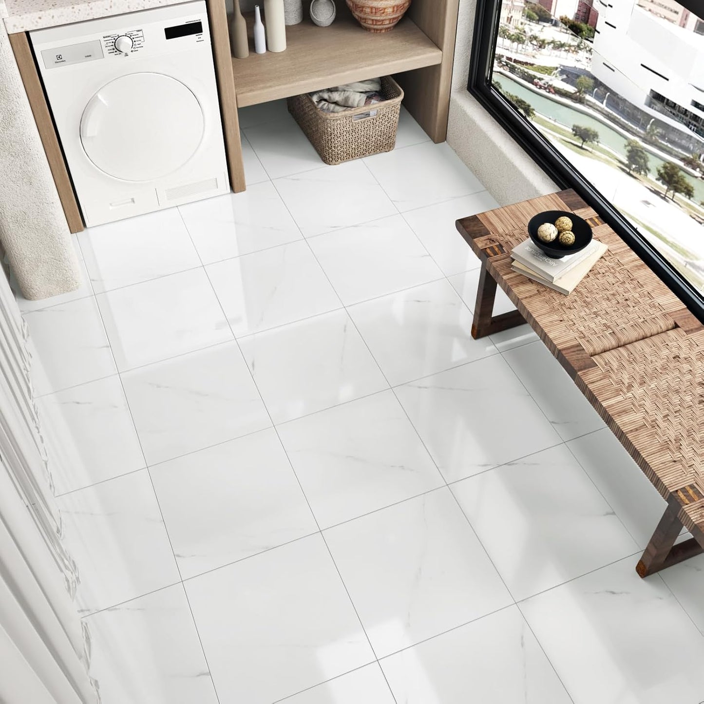Wallercity White Marble Peel and Stick Vinyl Floor Tiles 6-Pack 12x12 Inches Self Adhesive Waterproof Flooring Planks for Bathroom Kitchen Bedrooms Stick on Floor Tiles Laminate Sheets Vinyl Flooring