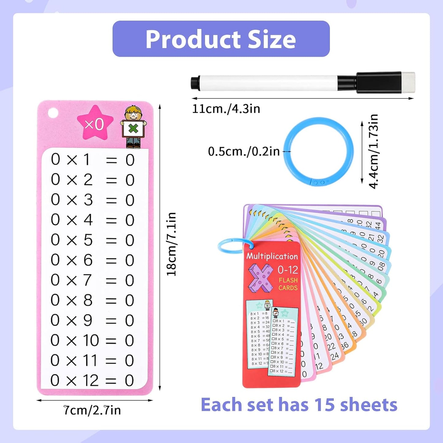 15Pcs Times Tables Multiplication Flash Cards, 0-12 Times Table Math Flash Cards with 2 Dry Erase Markers and 1 Ring, Multiplication Chart for 1st to 3rd Grade Learning
