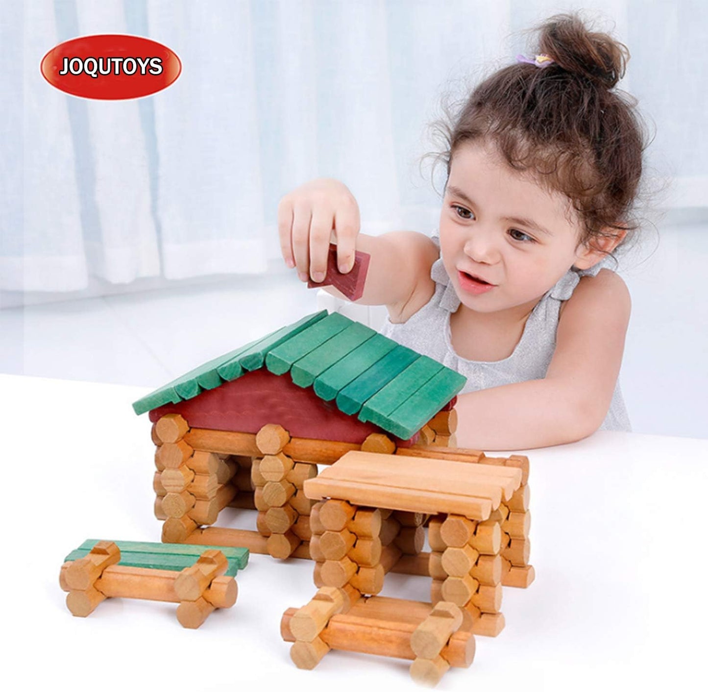 Joqutoys 90 Pcs Wood Building Blocks Toy for Toddlers, Classic Wooden Cabin Log Set Preschool Education Toy, Creative Construction Engineering Educational Toys for 3 4 5 6 Years Boys