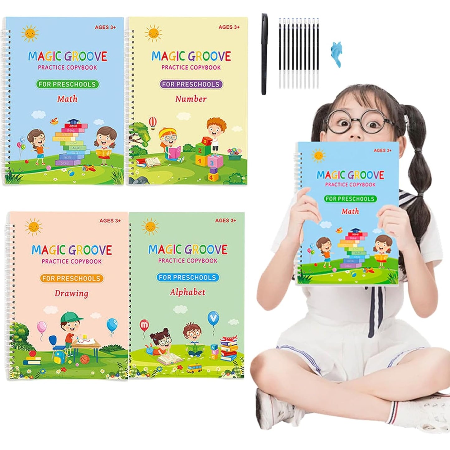 4 Pcs Reusable Grooved Handwriting Practice Books, Magic Practice Copybook with Disappearing Ink Pens Pencil Grips, Handwriting Workbook Letter Tracing Books for Kindergarten Preschool Kids Age 3-8