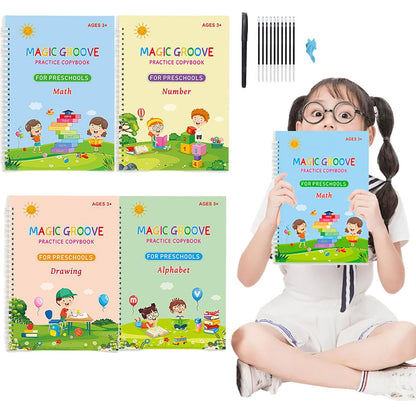 4 Pcs Reusable Grooved Handwriting Practice Books, Magic Practice Copybook with Disappearing Ink Pens Pencil Grips, Handwriting Workbook Letter Tracing Books for Kindergarten Preschool Kids Age 3-8