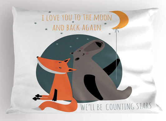 Ambesonne I Love You Pillow Sham, Bear and Fox in Love Counting Stars at Night Animal Birthday Print, Decorative Standard King Size Printed Pillowcase, 36" X 20", Orange Slate Blue Grey