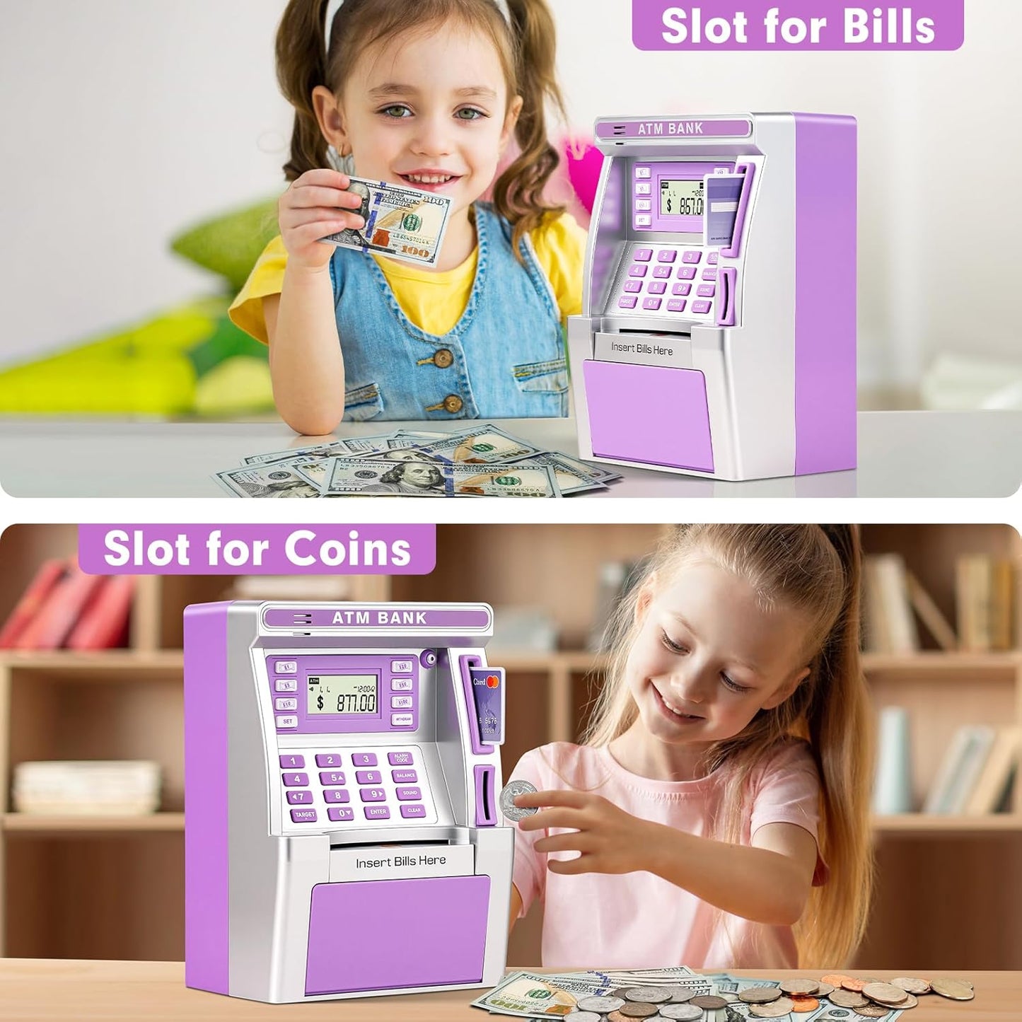 ATM Piggy Bank for Kids, ATM Machine for Real Money with Debit Card, Bill Feeder, Coin Recognition, Balance Calculator, Electronic Savings Safe Box, Gifts for Teen Boys Girls