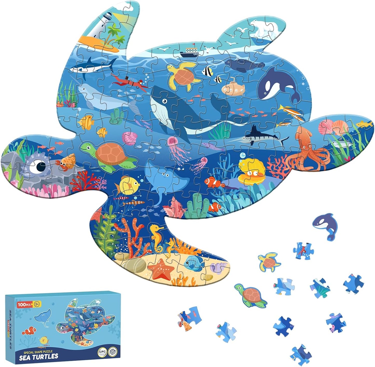 ELX 100 Piece Sea Turtle Jigsaw Puzzle for Kids Ages 4-10, Seaworld Animal Shaped Floor Puzzle Preschool Learning, Educational Learning Toys for Kid Boys Girls Ages 4 5 6 7 8 (21.42 X 16.42 in)
