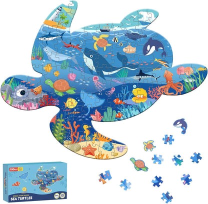 ELX 100 Piece Sea Turtle Jigsaw Puzzle for Kids Ages 4-10, Seaworld Animal Shaped Floor Puzzle Preschool Learning, Educational Learning Toys for Kid Boys Girls Ages 4 5 6 7 8 (21.42 X 16.42 in)