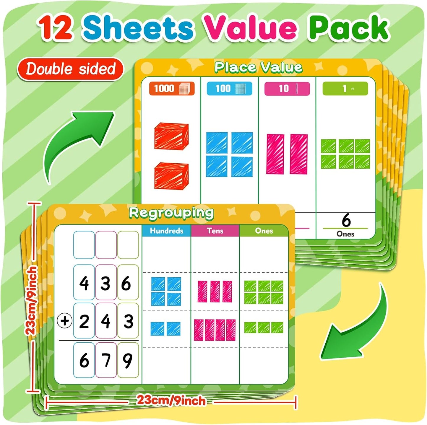 12 Pack Place Value Chart Dry Erase Flash Cards, 9" x 12" Small White Board Addition and Subtraction Math Manipulatives 1st 2nd 3rd Grade Classroom Teacher Homeschool Supplies Essential