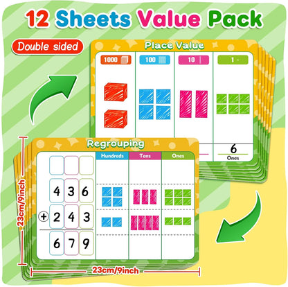 12 Pack Place Value Chart Dry Erase Flash Cards, 9" x 12" Small White Board Addition and Subtraction Math Manipulatives 1st 2nd 3rd Grade Classroom Teacher Homeschool Supplies Essential
