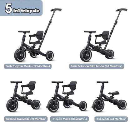 newyoo Toddler Tricycle with Push Handle for 1-3 Year Old, Toddler Bike, Birthday Gift and Toy for Boys and Girls, 5 in 1 Kids Trike, Balance Bike with Backrest and Safety Belt, Khaki, TR007